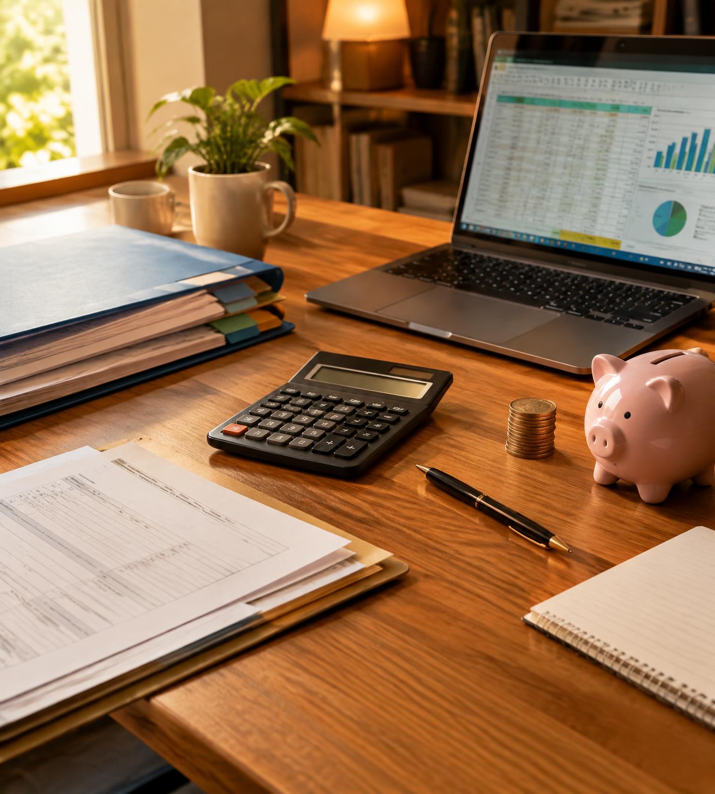 Mesa com documentos, calculadora e cofrinho