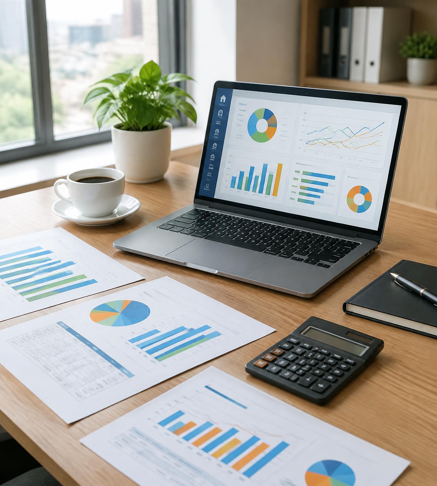 Notebook e relatórios com gráficos de gestão